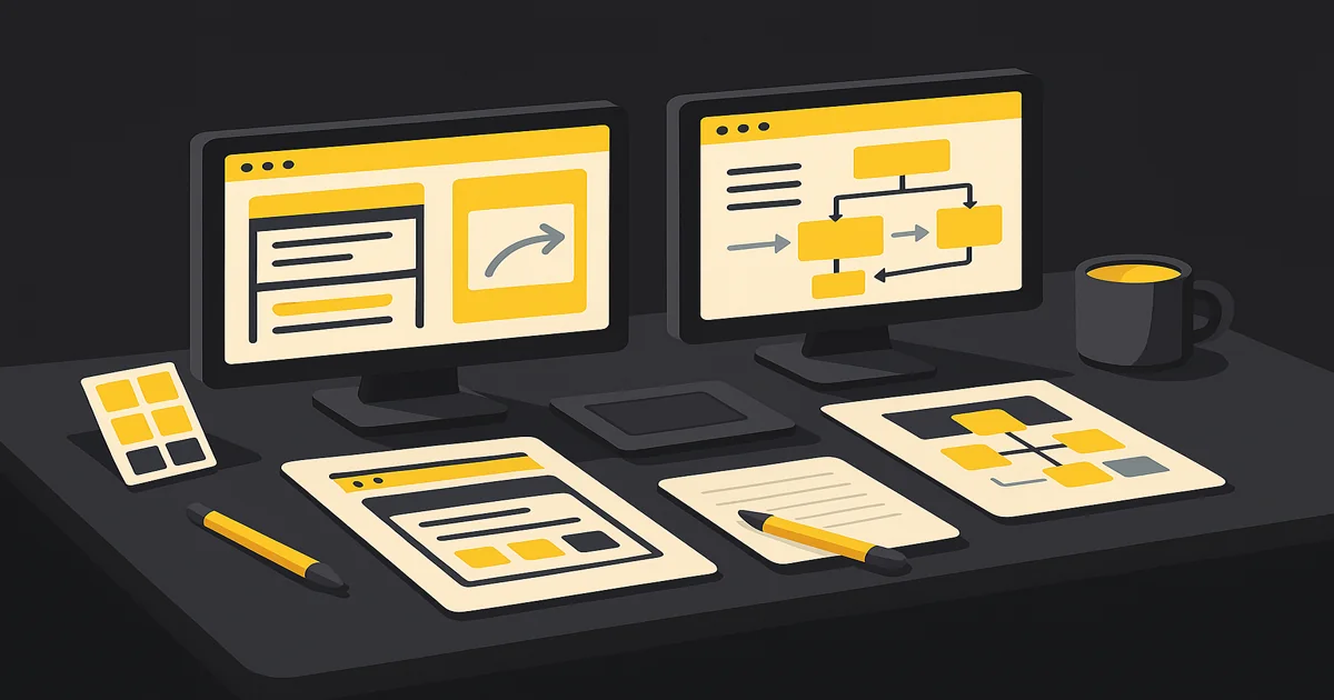 Illustration isométrique détaillée d’un bureau de webdesigner présentant deux écrans côte à côte, l’un affichant une structure de site one-page et l’autre un schéma multi-pages, avec accessoires de travail jaunes et fond noir élégant