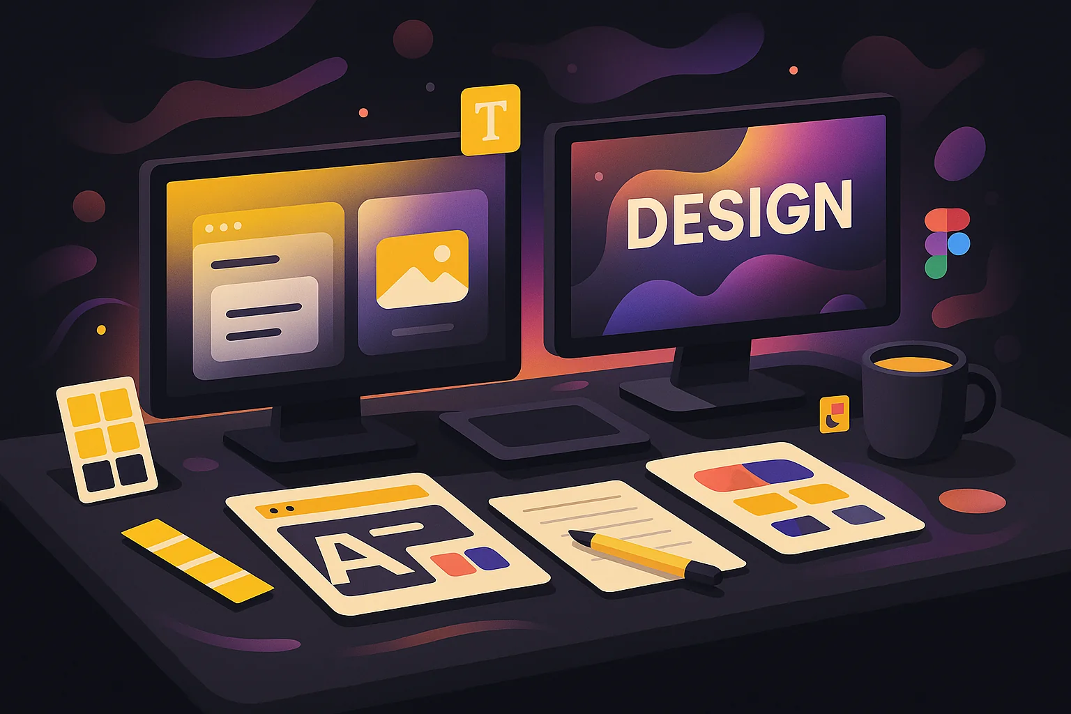 Illustration moderne d’un bureau de webdesigner avec deux écrans affichant des interfaces colorées et le mot “Design”, symbolisant les tendances créatives et technologiques du webdesign en 2025.