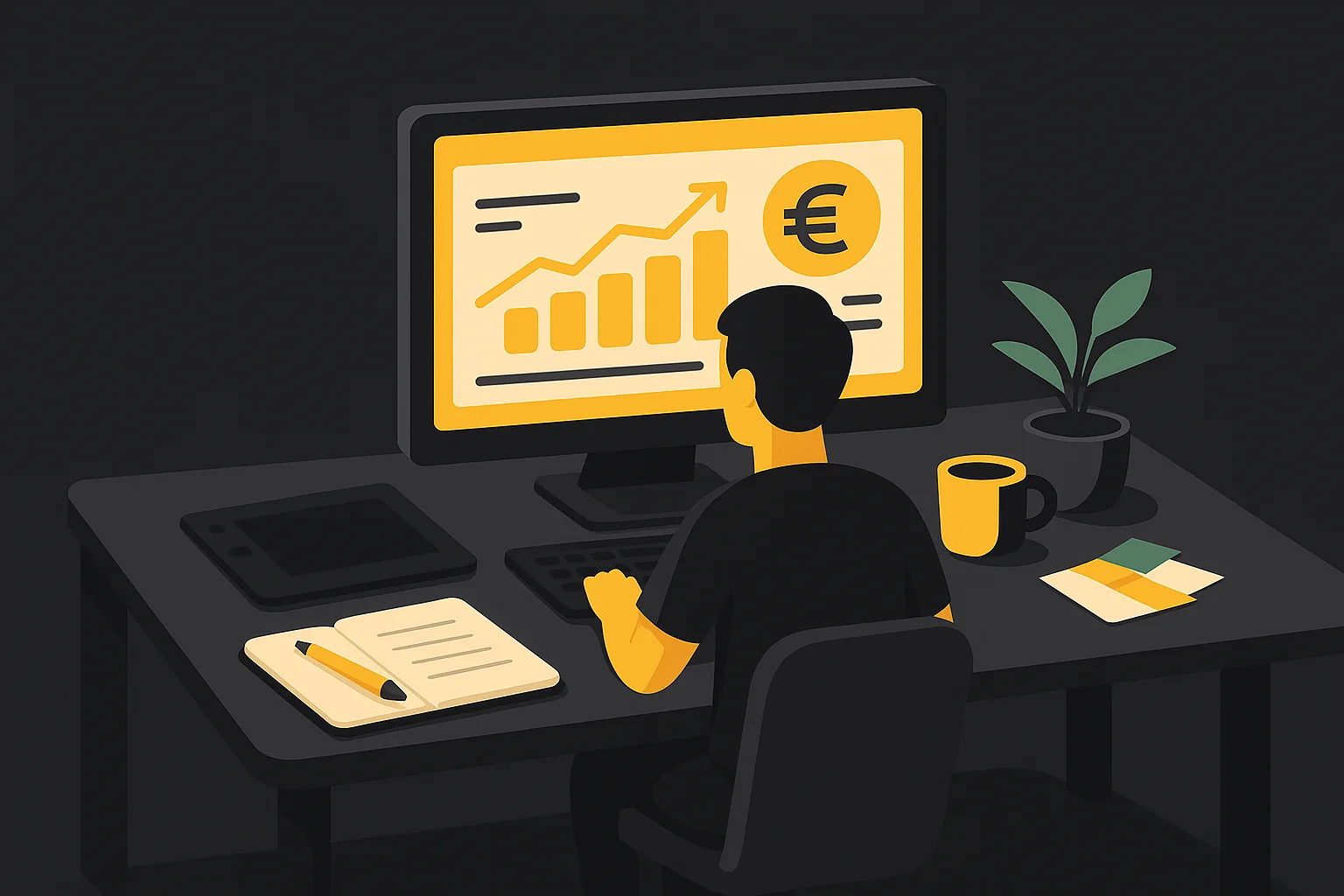 Illustration d’un webdesigner travaillant sur un ordinateur affichant une courbe de croissance et un symbole euro, représentant la gestion des tarifs et la valorisation du travail freelance.