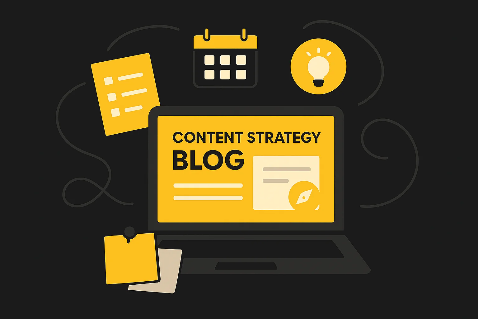 Illustration vectorielle d’un ordinateur affichant “Content Strategy Blog”, entouré d’icônes de calendrier, ampoule et notes, représentant la planification de contenu pour un blog de webdesigner freelance.