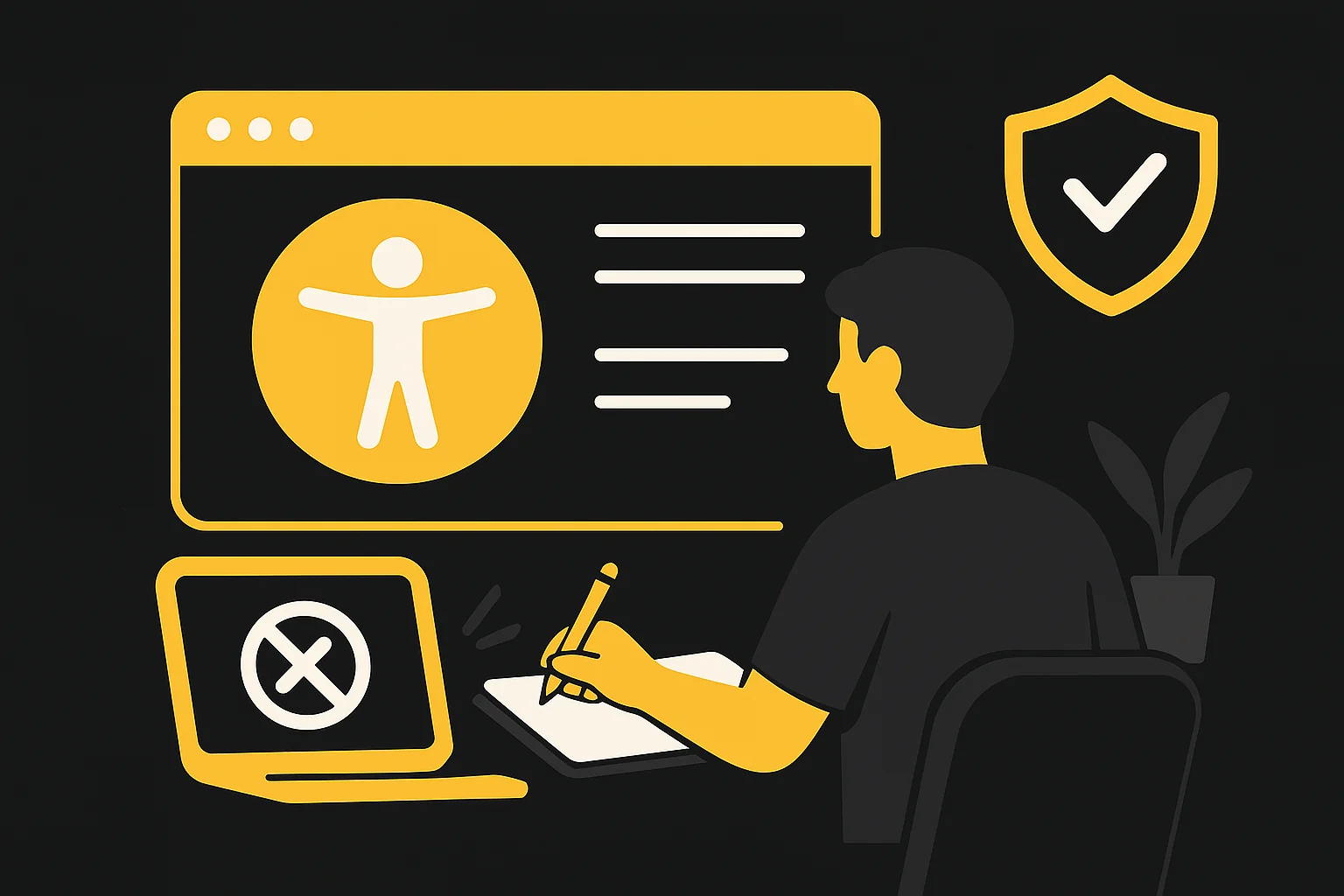 Illustration d’un designer travaillant sur un site web accessible, avec l’icône universelle d’accessibilité, un bouclier de conformité et un ordinateur portable sur fond noir et jaune.