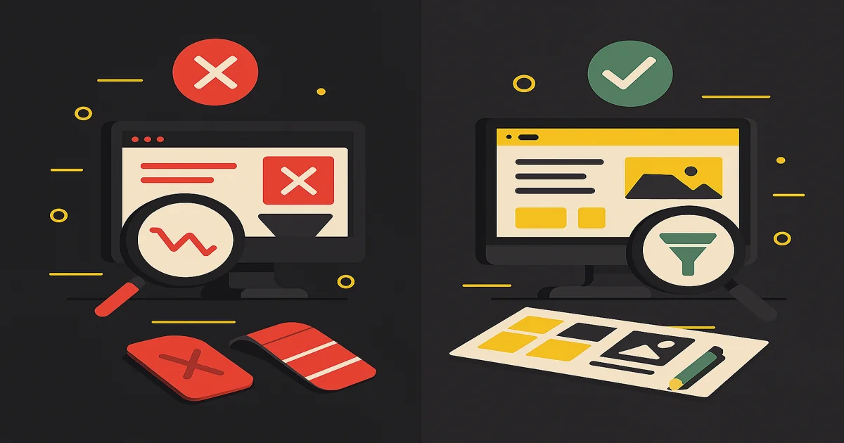 Illustration isométrique didactique divisée en deux moitiés, montrant à gauche des erreurs d’UX/UI avec accents rouges et à droite les bonnes pratiques en vert, sur fond noir avec détails jaunes et blancs.